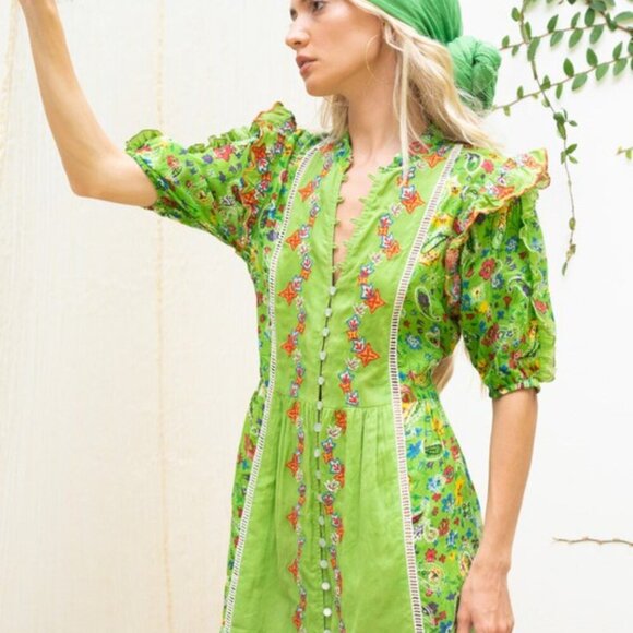 Gipsy Queen Green Boho Floral Print Button Down Short Puff Sleeve Mini Dress - Picture 5 of 6